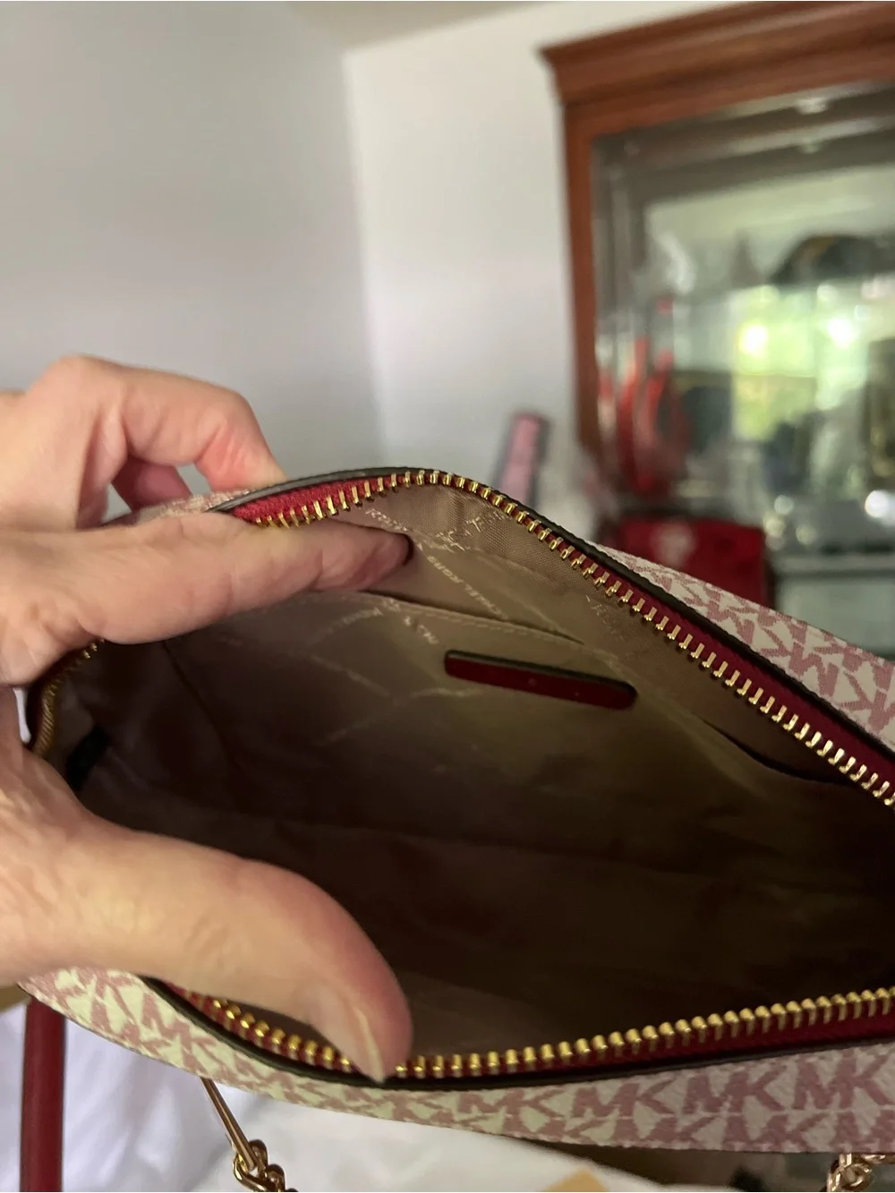 Michael Kors Red Signature Monogram Crossbody with Gold Chain